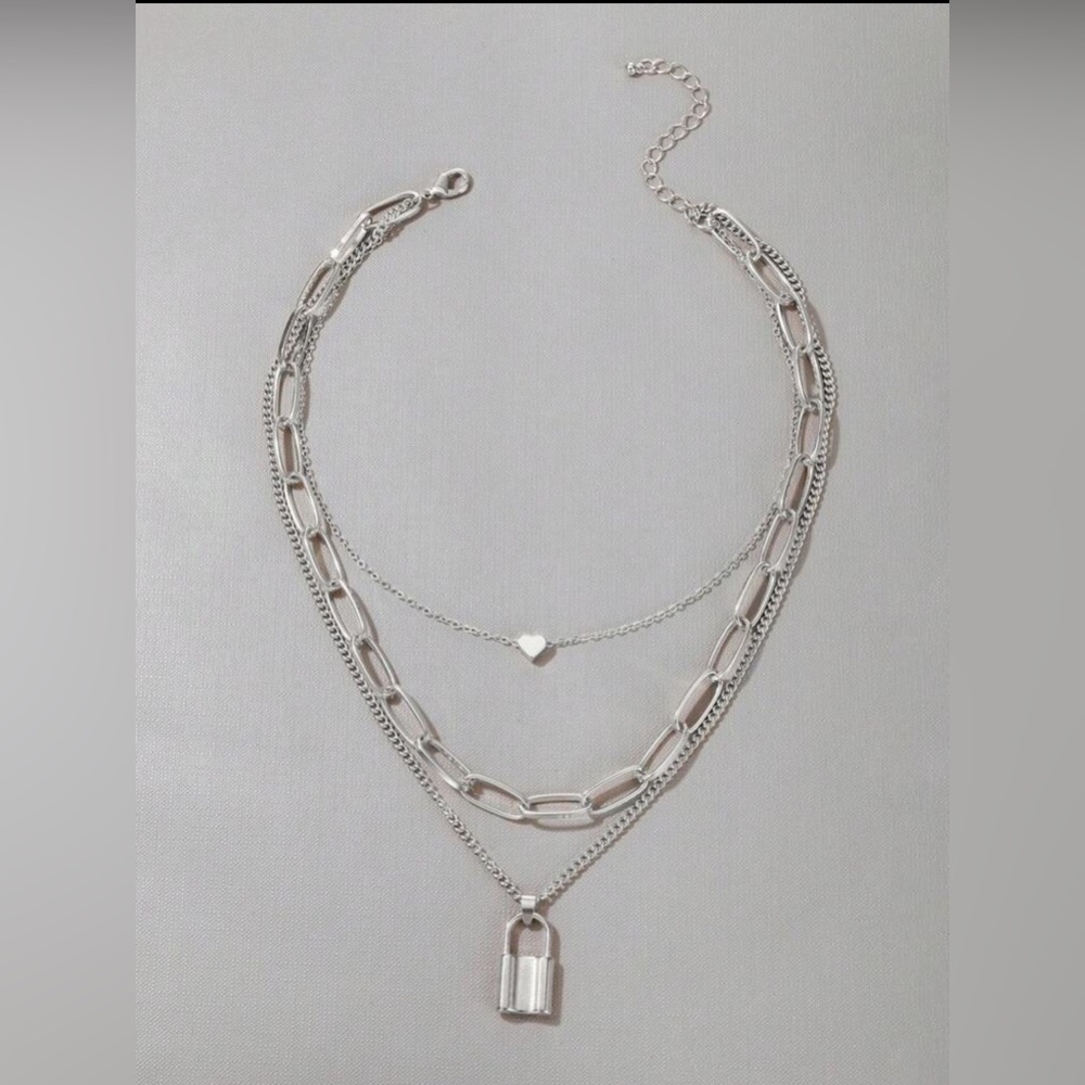 Silver Layered Padlock & Heart Charm Necklace – Chunky Chain Choker 3/$30
